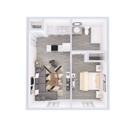 A top down view of a small apartment with a kitchen, living room and bathroom.